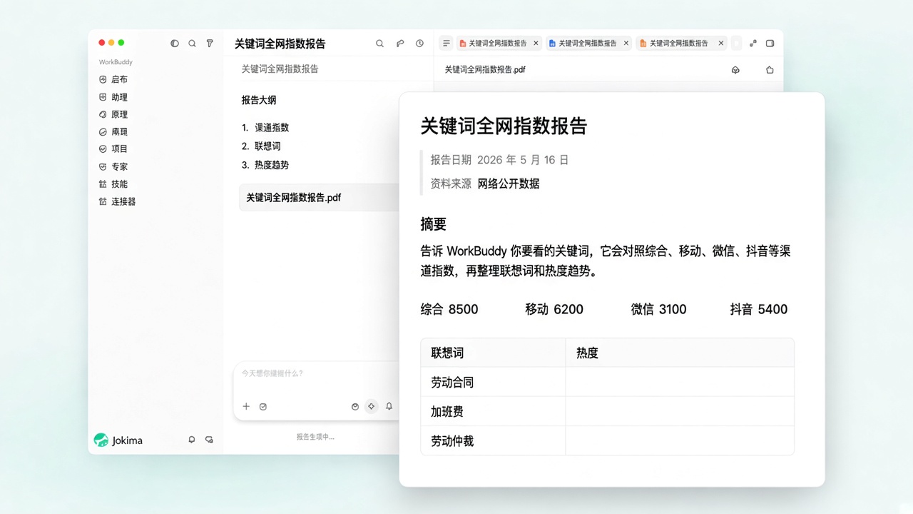 WorkBuddy 通过 Devnors Data MCP 查询关键词全网指数的对话示意