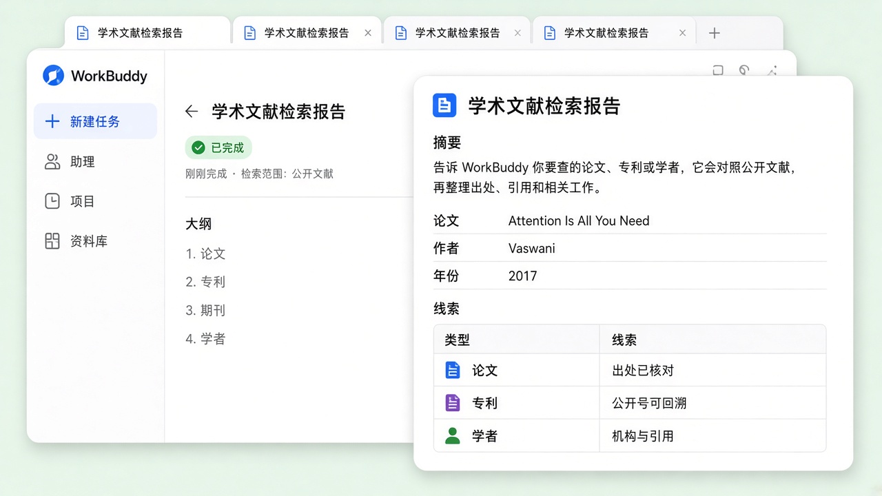 WorkBuddy 通过 Devnors Data 检索论文、专利与学者并交付文献报告的示意